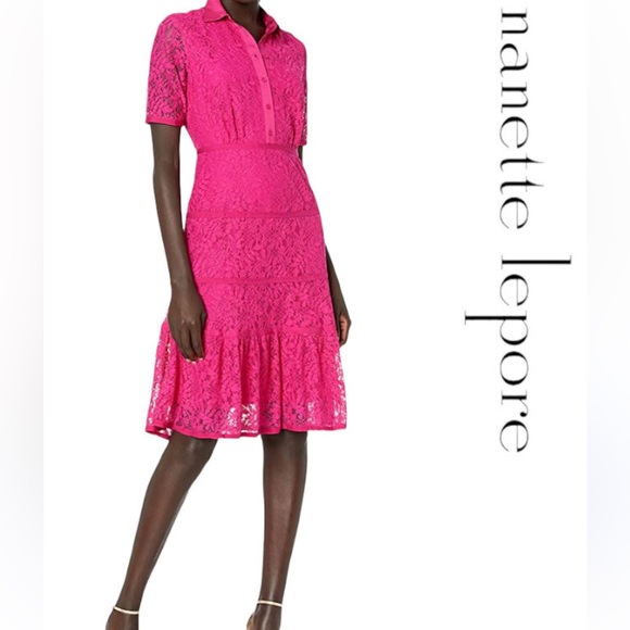 Nanette Lepore Dresses & Skirts - Nanette Lepore Fuchsia Lace Collared Button Down Dress sz 4